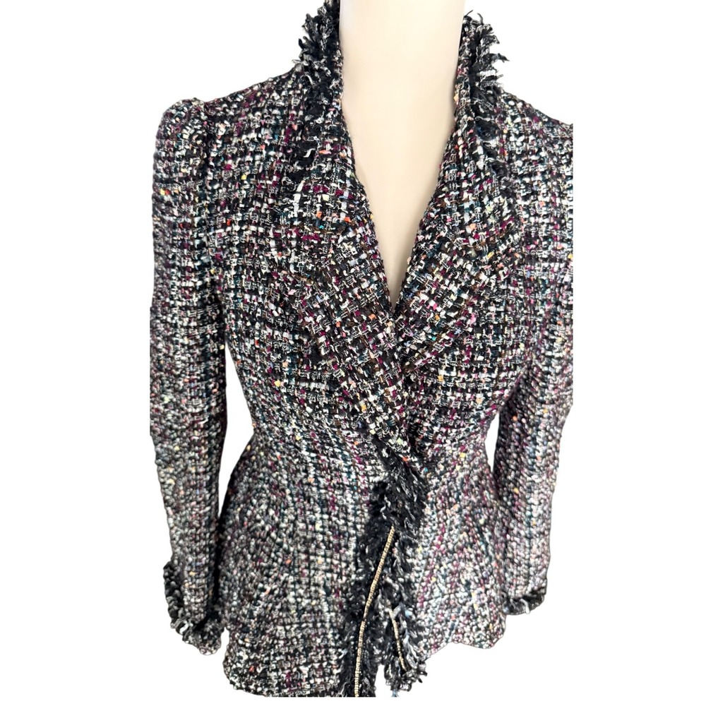 McGinn Nordstrom Metallic Tweed Fringe Asymmetrical Blazer Jacket Womens 4 - Picture 7 of 16